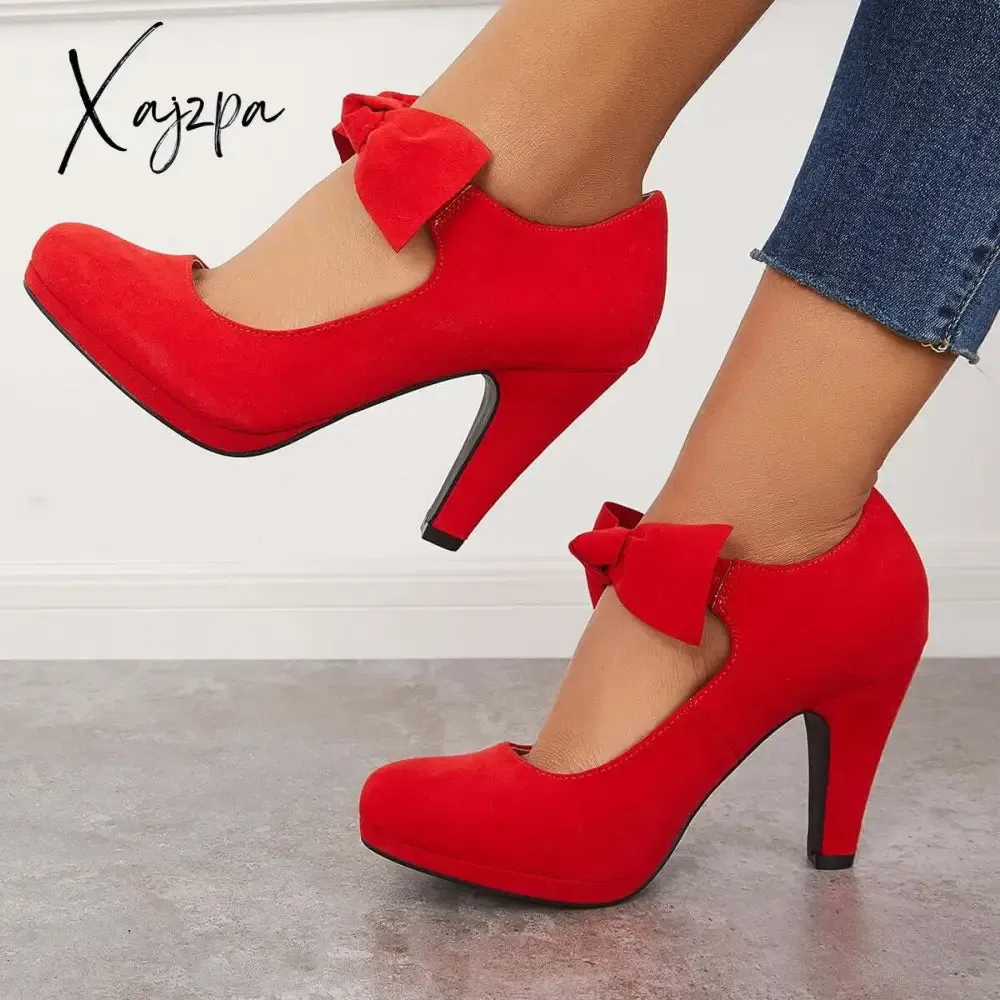 Xajzpa - Thick Heel Mary Jane Pumps Bowknot Round Toe Ankle Strap Heels