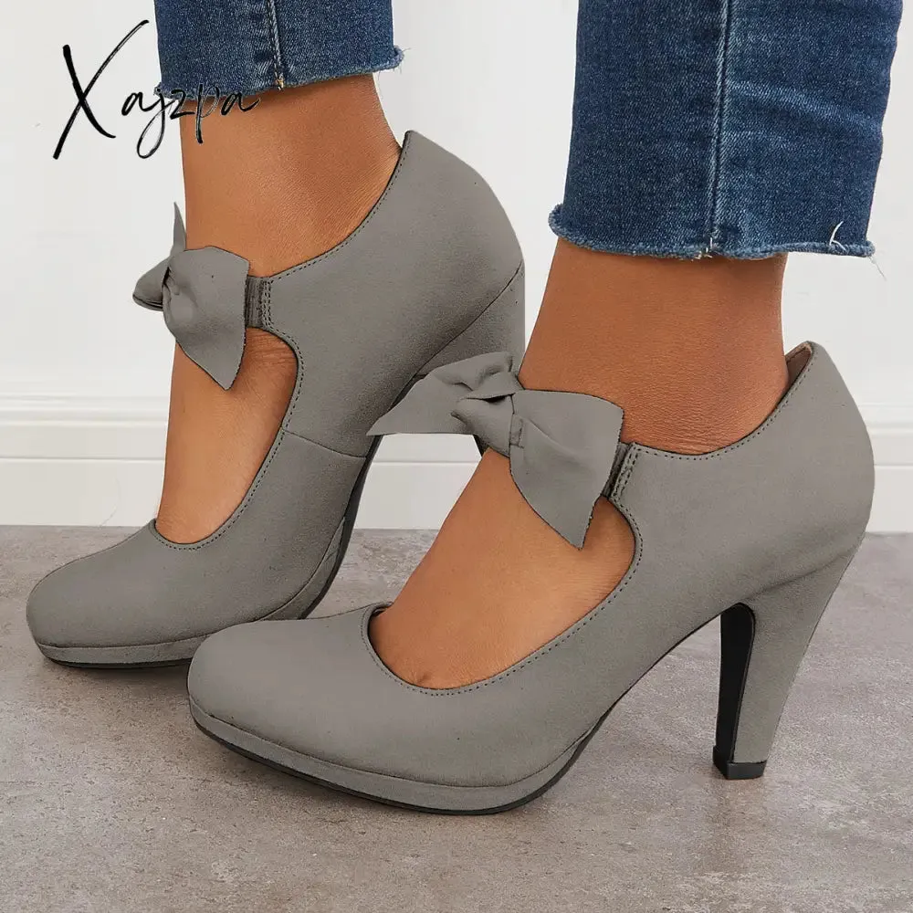 Xajzpa - Thick Heel Mary Jane Pumps Bowknot Round Toe Ankle Strap Heels
