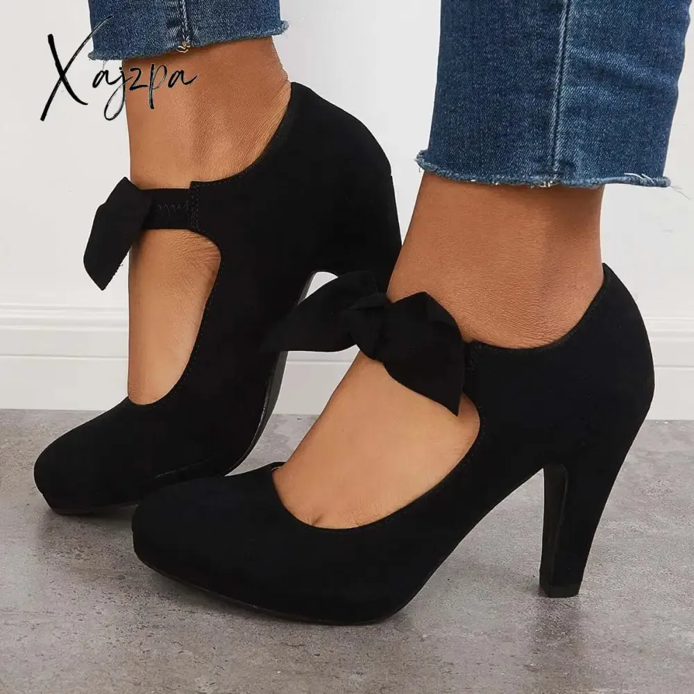 Xajzpa - Thick Heel Mary Jane Pumps Bowknot Round Toe Ankle Strap Heels