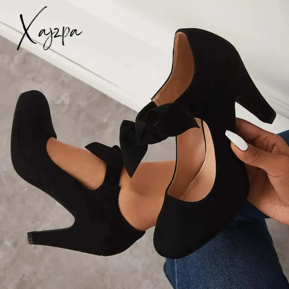 Xajzpa - Thick Heel Mary Jane Pumps Bowknot Round Toe Ankle Strap Heels