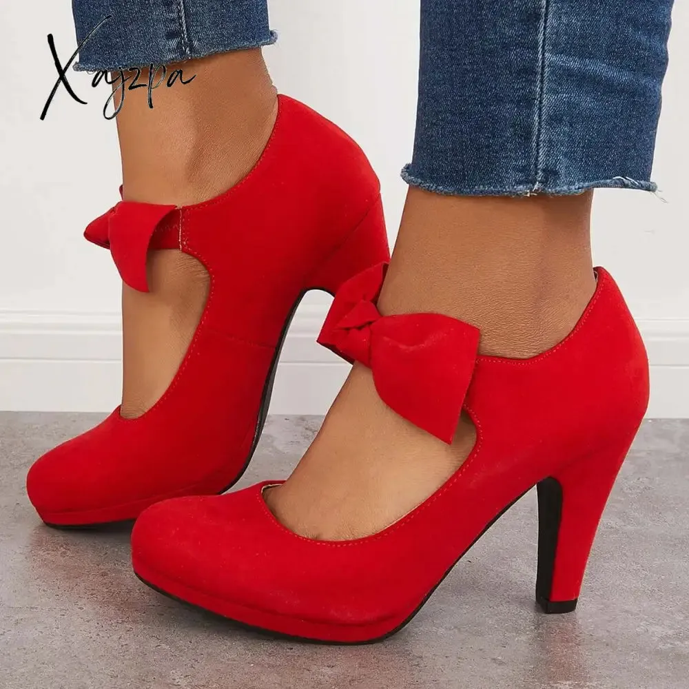 Xajzpa - Thick Heel Mary Jane Pumps Bowknot Round Toe Ankle Strap Heels