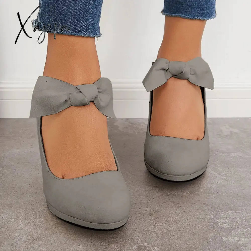 Xajzpa - Thick Heel Mary Jane Pumps Bowknot Round Toe Ankle Strap Heels