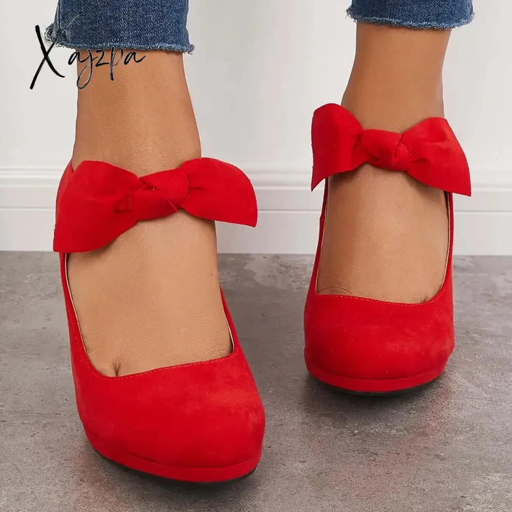 Xajzpa - Thick Heel Mary Jane Pumps Bowknot Round Toe Ankle Strap Heels