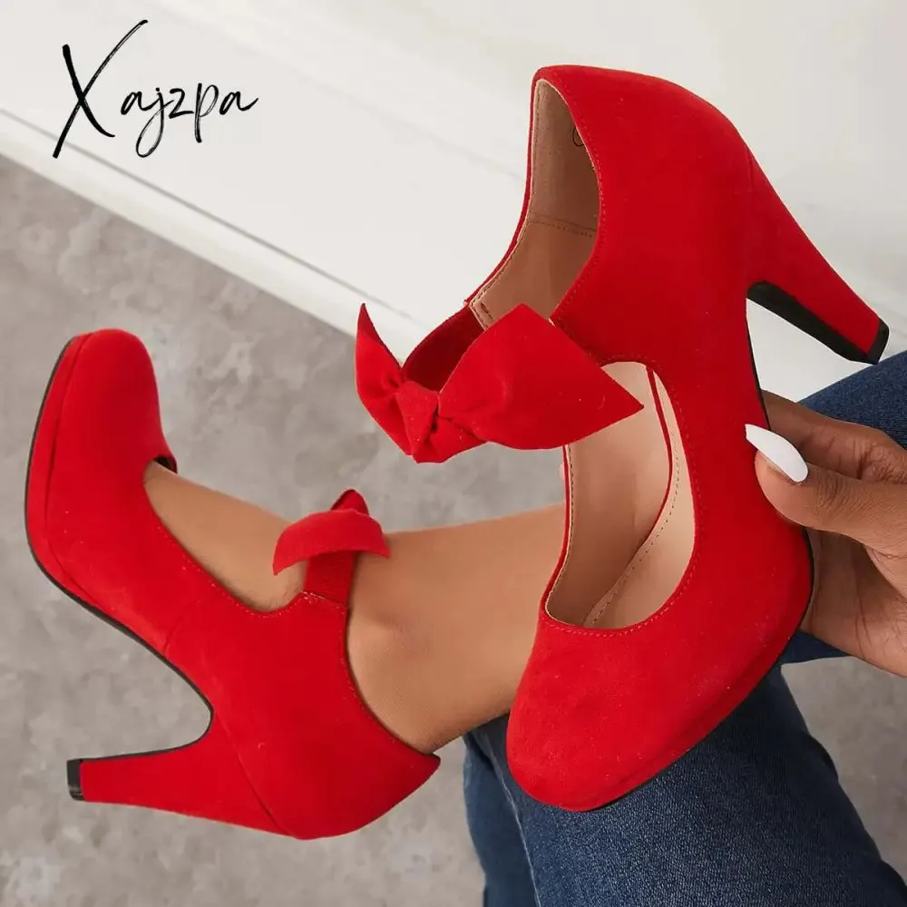 Xajzpa - Thick Heel Mary Jane Pumps Bowknot Round Toe Ankle Strap Heels