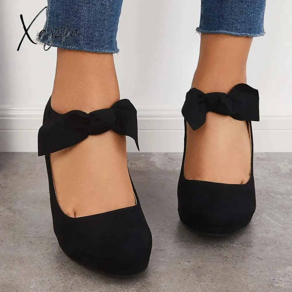 Xajzpa - Thick Heel Mary Jane Pumps Bowknot Round Toe Ankle Strap Heels